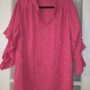 SHEIN Pink Blouse with Ruffle Sleeves and Pearl Details